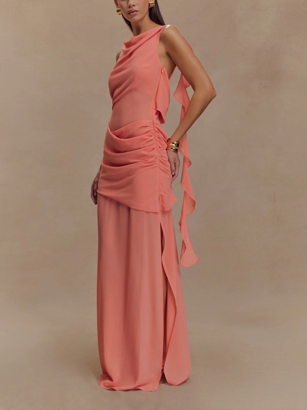 meshki draped dress in coral